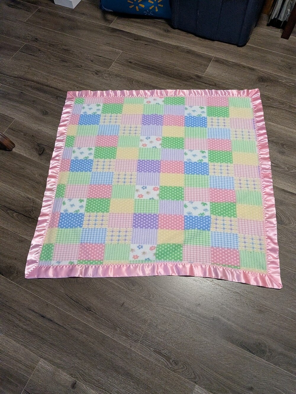 Pastel Patchwork Baby Blanket with Pink Satin Border. 39x 40 Inches . EUC . - Picture 4 of 5